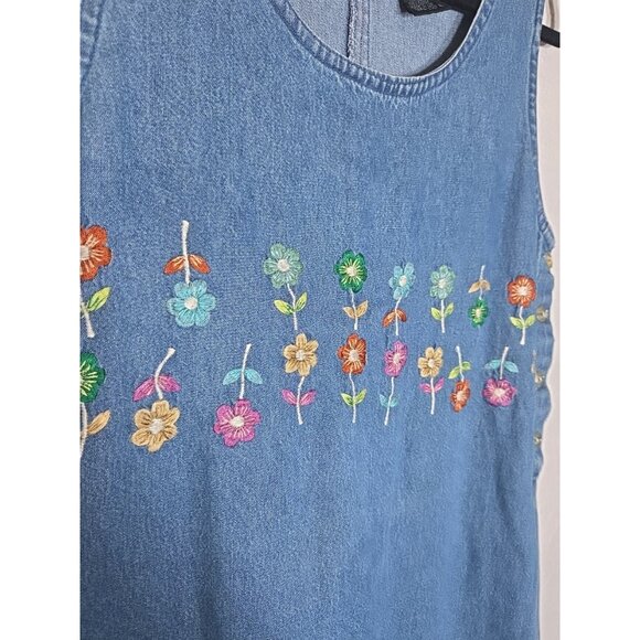 Vtg Agapo Denim Jumper Dress Size S Embroidered Flowers Teacher Countrycore Maxi - Picture 3 of 5
